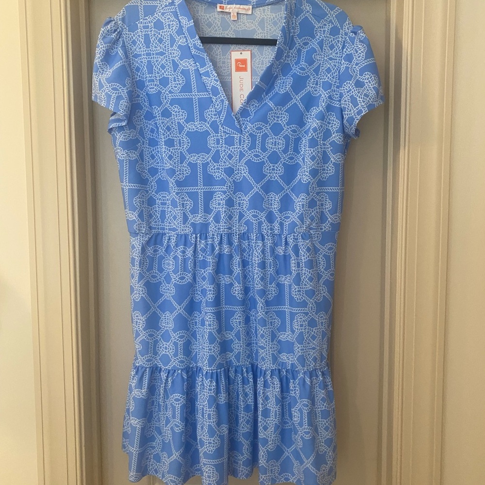 Jude Connally Light Blue Rope-Print V-Neck Dress